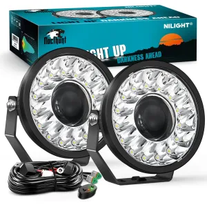 7Inch 100W Round Offroad Light Hyper Spot Beam Work Light (Pair) | 14 AWG DT Connector Wiring Harness Kit