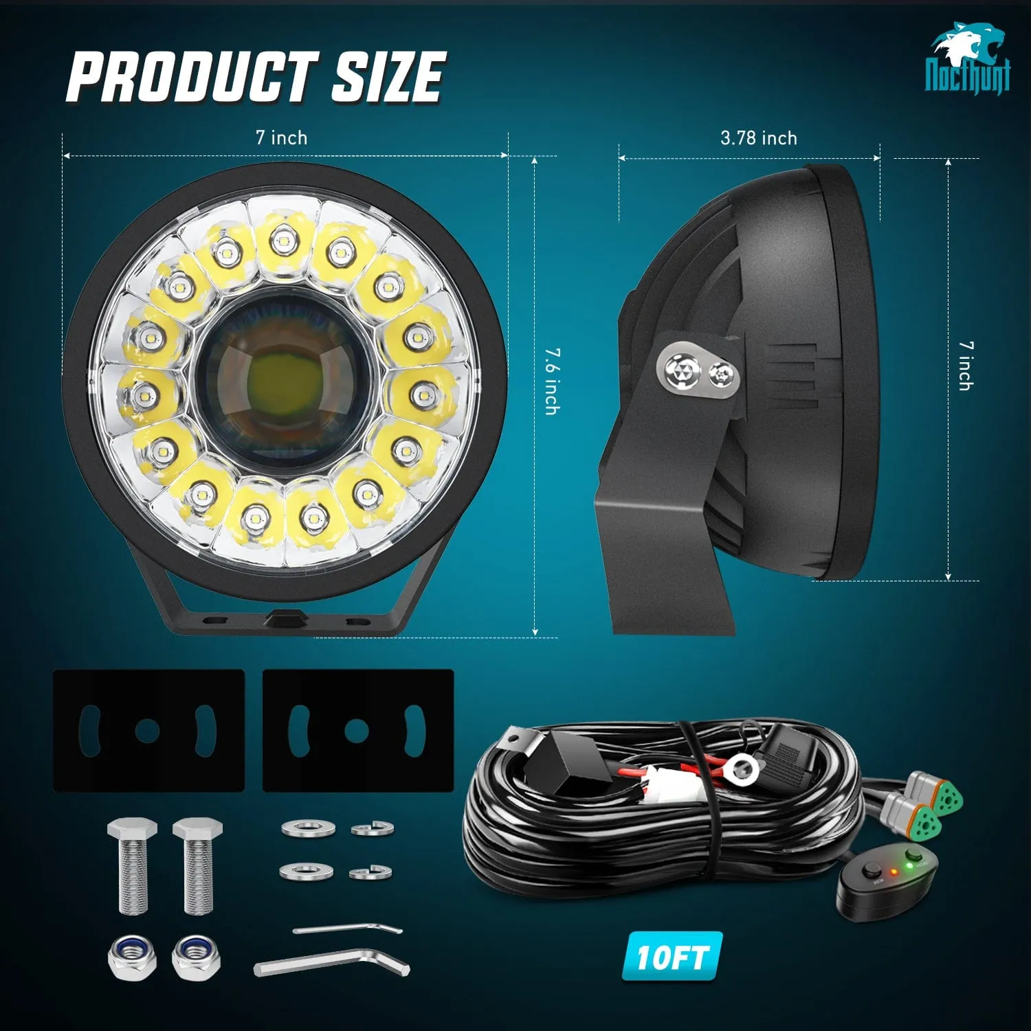 7Inch 100W Round Offroad Light Hyper Spot Beam Work Light (Pair) | 14 AWG DT Connector Wiring Harness Kit