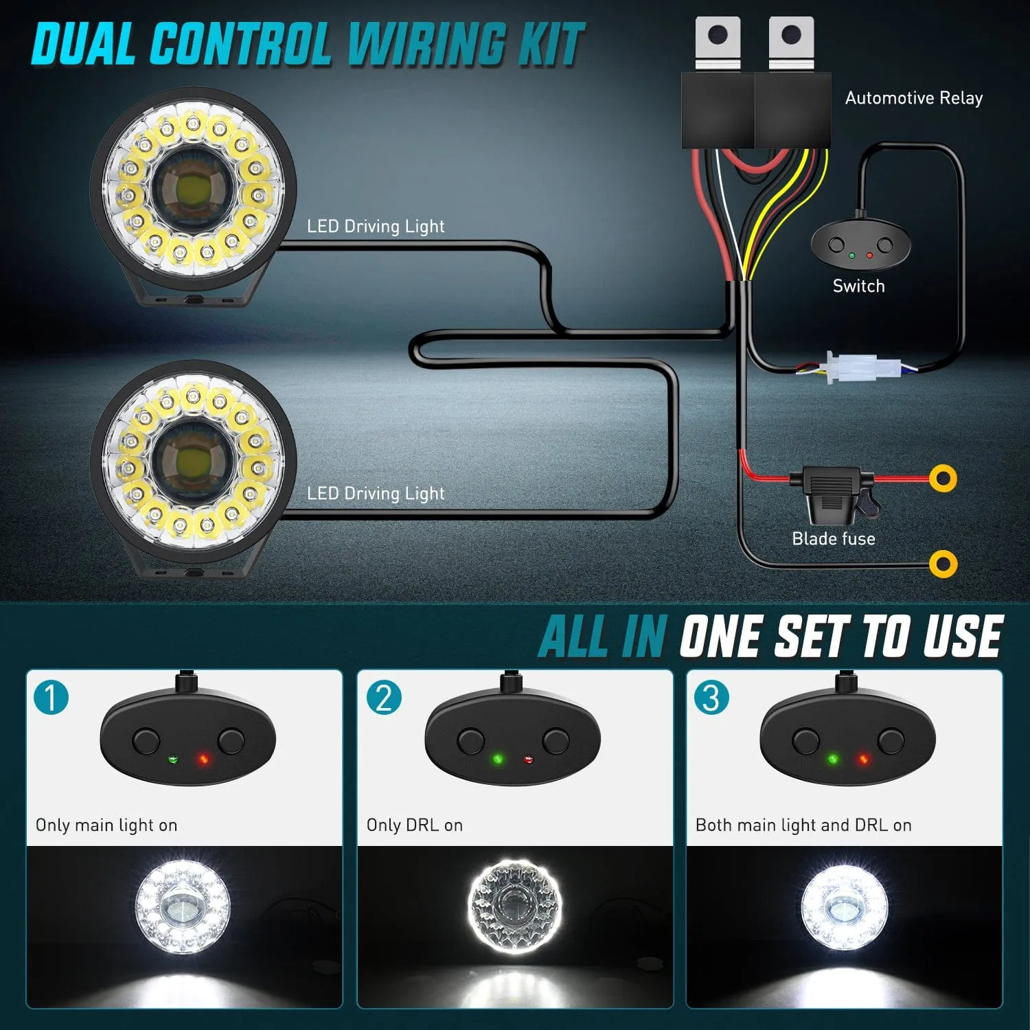 7Inch 100W Round Offroad Light Hyper Spot Beam Work Light (Pair) | 14 AWG DT Connector Wiring Harness Kit