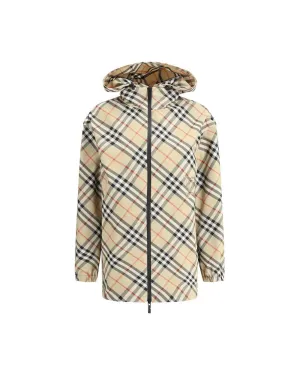 Burberry High Collar Jacket with Adjustable Drawstring Hood and Archive Check Pattern