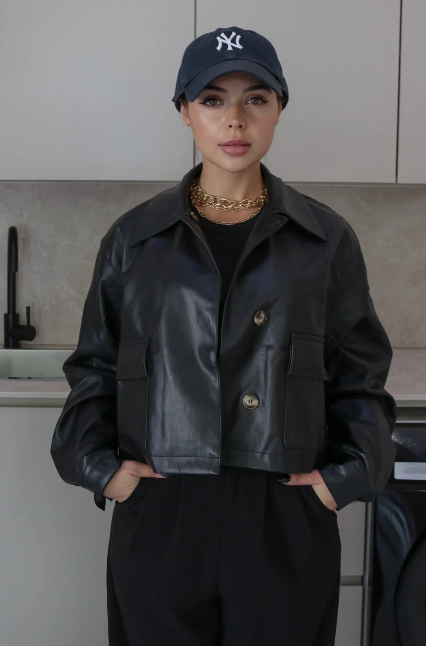 'Carter' Collared Faux Leather Jacket in Black