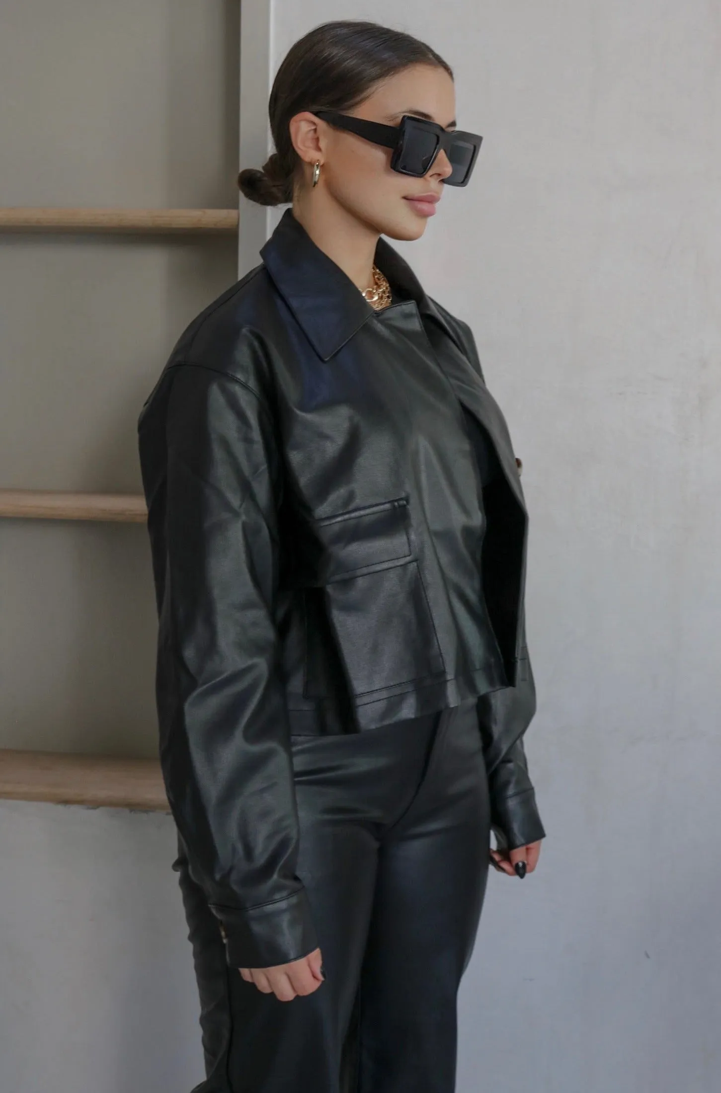 'Carter' Collared Faux Leather Jacket in Black