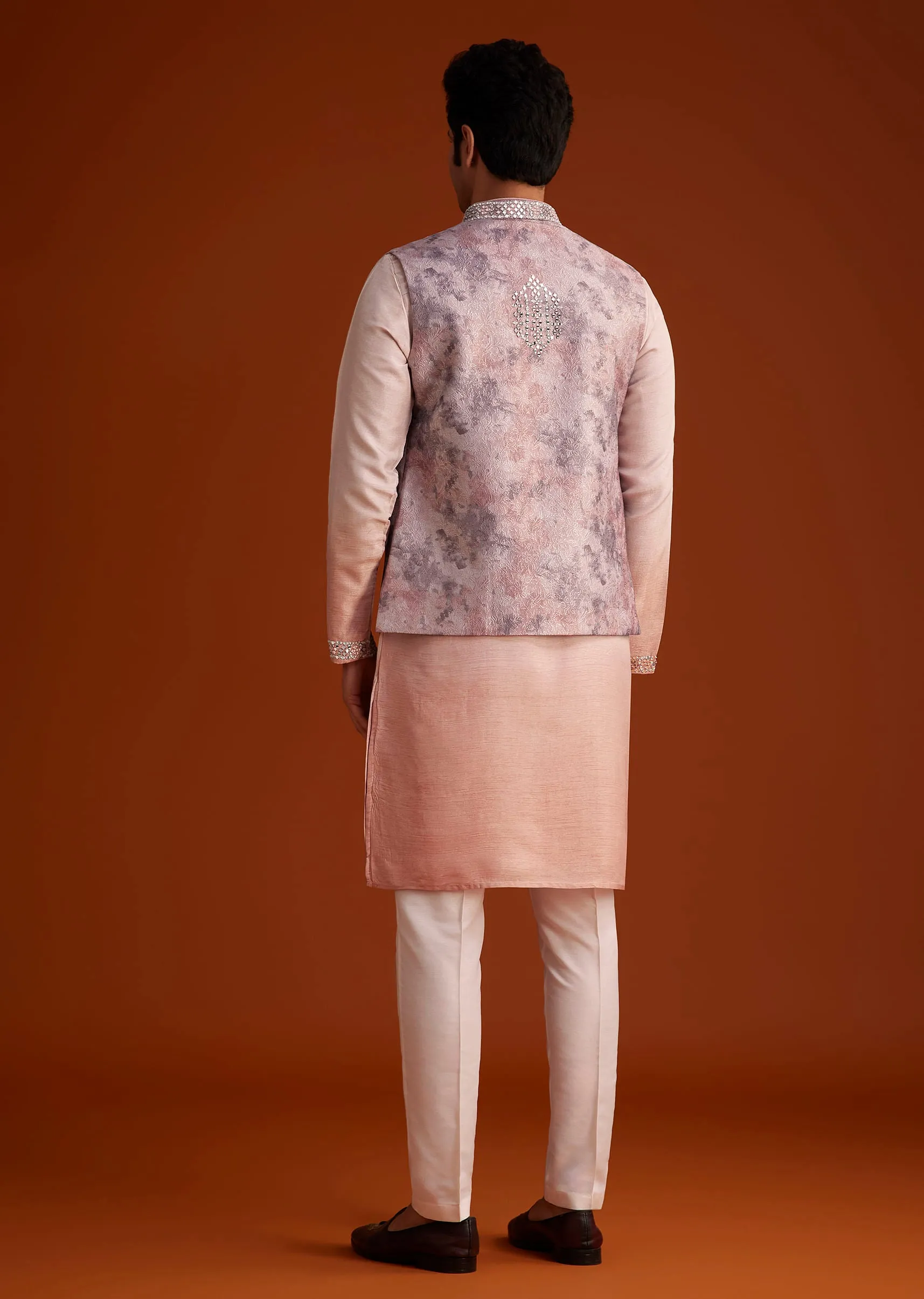 Peach Kurta Set With Embellished Nehru Jacket