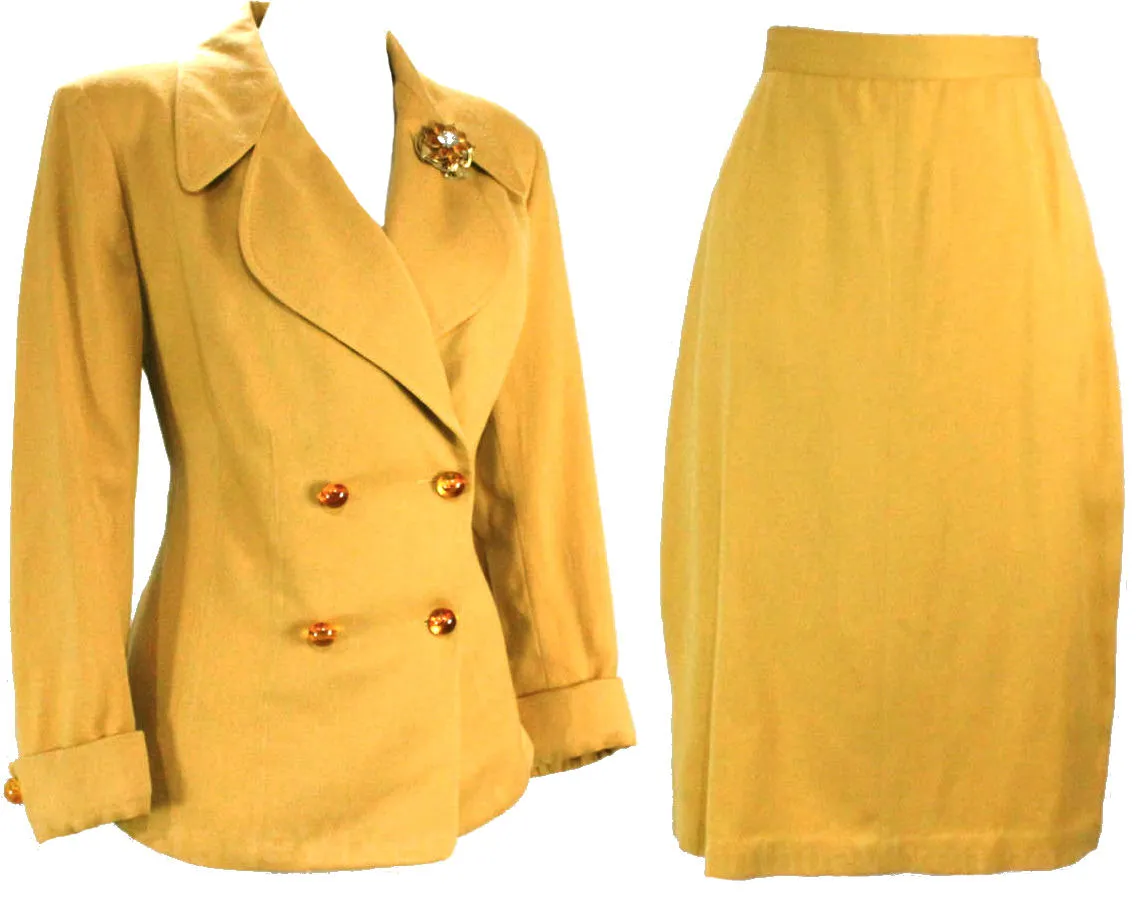 Size 6 1940s Suit - Saffron Yellow 40s Wool Gabardine Jacket & Skirt - Goldenrod Tailored WWII Era Beauty - Translucent Brown Buttons